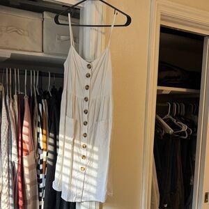 White Button-Front Spaghetti Strap Linen Dress